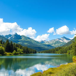 Generate a beautiful landscape featuring a serene lake surrounded by lush greenery and majestic mountains in the background, under a clear blue sky with fluffy white clouds