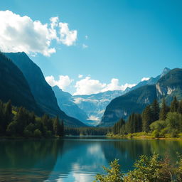 Generate a beautiful landscape featuring a serene lake surrounded by lush greenery and majestic mountains in the background, under a clear blue sky with fluffy white clouds