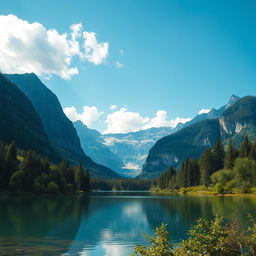 Generate a beautiful landscape featuring a serene lake surrounded by lush greenery and majestic mountains in the background, under a clear blue sky with fluffy white clouds