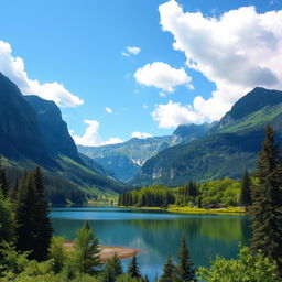 Generate a beautiful landscape featuring a serene lake surrounded by lush greenery and majestic mountains in the background, under a clear blue sky with fluffy white clouds