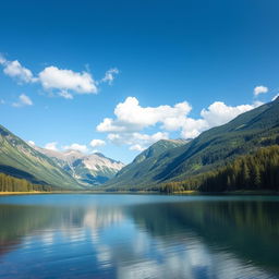 Generate a beautiful landscape featuring a serene lake surrounded by lush greenery and majestic mountains in the background, under a clear blue sky with fluffy white clouds