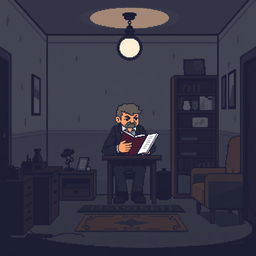 A pixel art scene set inside a dimly lit room of a house