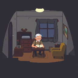 A pixel art scene set inside a dimly lit room of a house