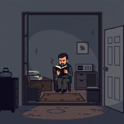 A pixel art scene set inside a dimly lit room of a house