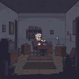 A pixel art scene set inside a dimly lit room of a house