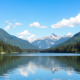 A beautiful landscape featuring a serene lake surrounded by lush forests and majestic mountains in the background