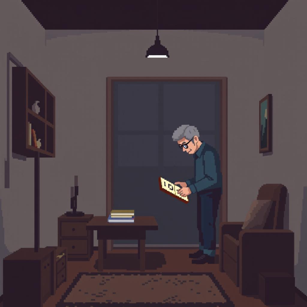 A pixel art scene set inside a house