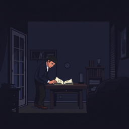 A pixel art scene set inside a house