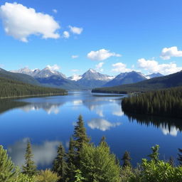 A beautiful landscape featuring a serene lake surrounded by lush forests and majestic mountains in the background