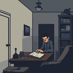 A pixel art scene set inside a house