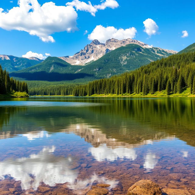 A beautiful landscape featuring a serene lake surrounded by lush forests and majestic mountains in the background