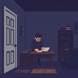 A pixel art scene set inside a house