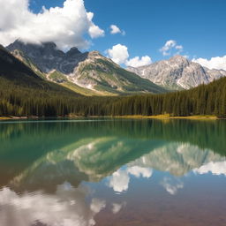 A beautiful landscape featuring a serene lake surrounded by lush forests and majestic mountains in the background