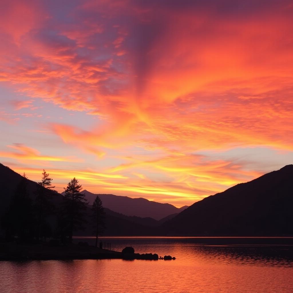 A serene landscape featuring a vibrant sunset over a calm lake, with mountains in the background and a few trees in the foreground