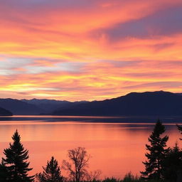 A serene landscape featuring a vibrant sunset over a calm lake, with mountains in the background and a few trees in the foreground