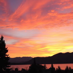 A serene landscape featuring a vibrant sunset over a calm lake, with mountains in the background and a few trees in the foreground