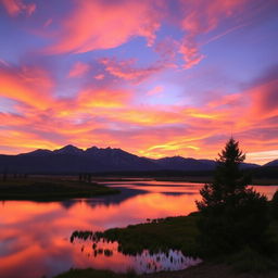 A serene landscape featuring a vibrant sunset over a calm lake, with mountains in the background and a few trees in the foreground