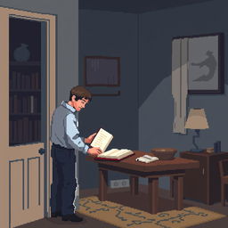 A pixel art scene set inside a house