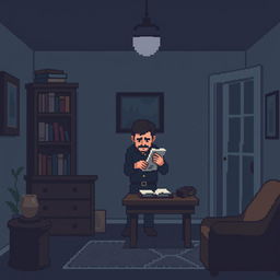 A pixel art scene set inside a house