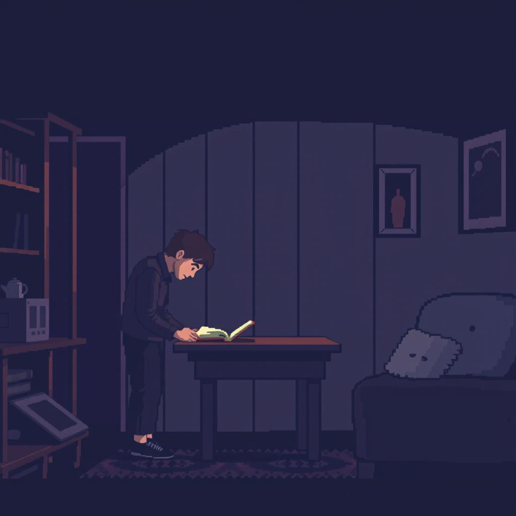 A pixel art scene set inside a house