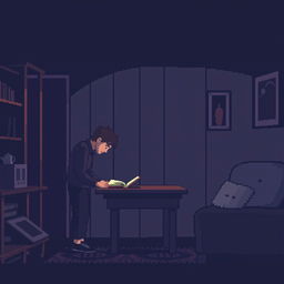 A pixel art scene set inside a house