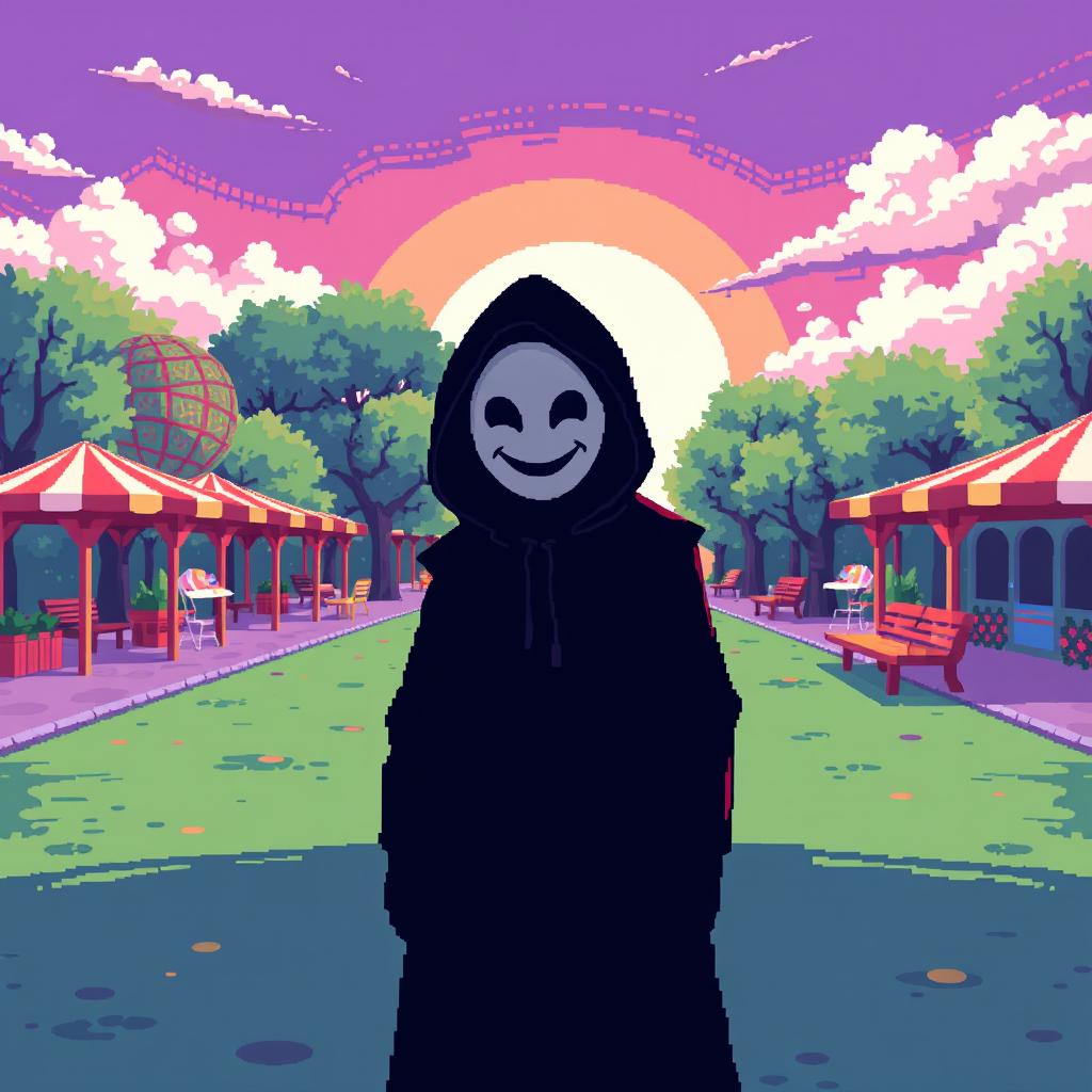 A pixel art scene set in a colorful park