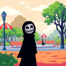 A pixel art scene set in a colorful park