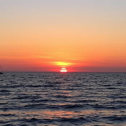 A beautiful sunset over a calm ocean with gentle waves, the sky painted in shades of orange, pink, and purple, and a silhouette of a sailboat on the horizon