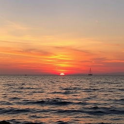 A beautiful sunset over a calm ocean with gentle waves, the sky painted in shades of orange, pink, and purple, and a silhouette of a sailboat on the horizon