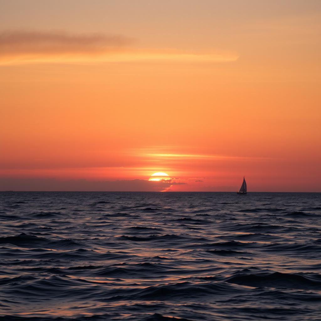 A beautiful sunset over a calm ocean with gentle waves, the sky painted in shades of orange, pink, and purple, and a silhouette of a sailboat on the horizon