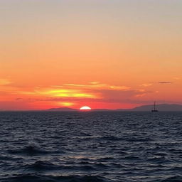 A beautiful sunset over a calm ocean with gentle waves, the sky painted in shades of orange, pink, and purple, and a silhouette of a sailboat on the horizon