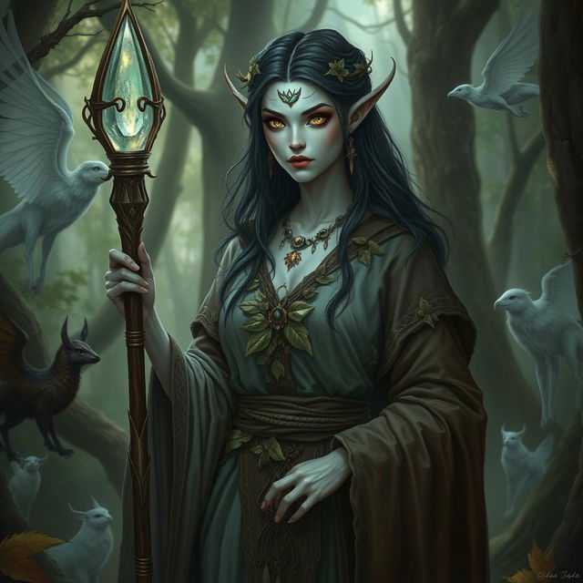 A Shadar-kai woman with druid class, standing in a mystical forest