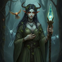 A Shadar-kai woman with druid class, standing in a mystical forest