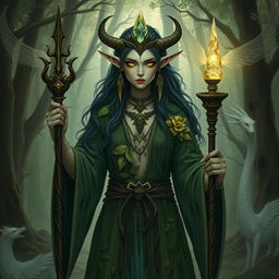 A Shadar-kai woman with druid class, standing in a mystical forest