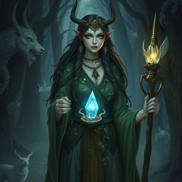 A Shadar-kai woman with druid class, standing in a mystical forest