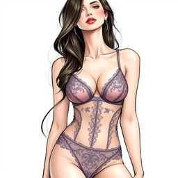 A detailed illustration of a model wearing elegant lingerie