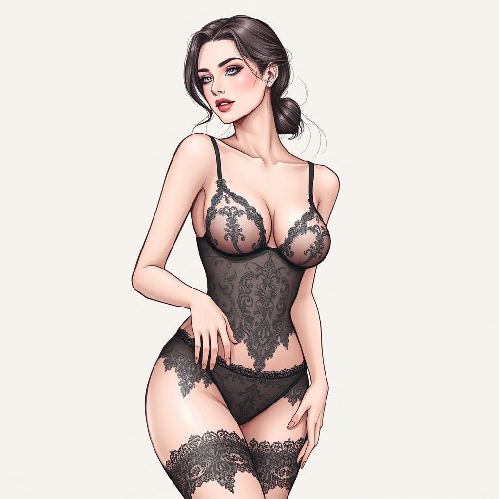 A detailed illustration of a model wearing elegant lingerie