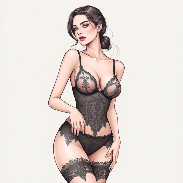 A detailed illustration of a model wearing elegant lingerie