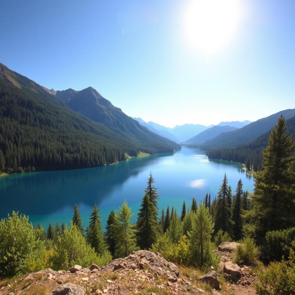 A serene landscape featuring a clear blue lake surrounded by lush green forests and mountains in the background under a bright sunny sky