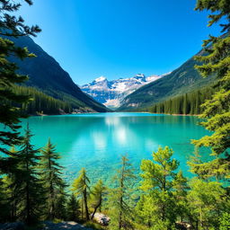 A serene landscape featuring a clear blue lake surrounded by lush green forests and mountains in the background under a bright sunny sky