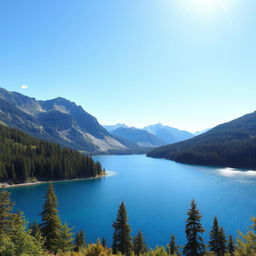 A serene landscape featuring a clear blue lake surrounded by lush green forests and mountains in the background under a bright sunny sky