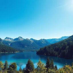 A serene landscape featuring a clear blue lake surrounded by lush green forests and mountains in the background under a bright sunny sky