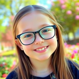 A young girl wearing glasses, with a cheerful expression