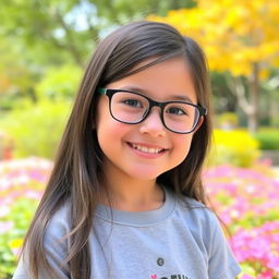 A young girl wearing glasses, with a cheerful expression