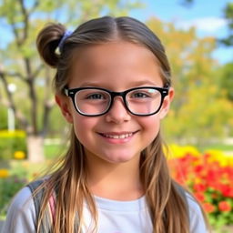 A young girl wearing glasses, with a cheerful expression