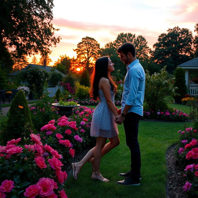 A romantic scene set in a beautiful garden at sunset, with a couple holding hands and looking into each other's eyes