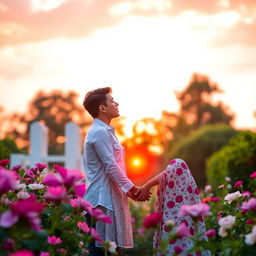 A romantic scene set in a beautiful garden at sunset, with a couple holding hands and looking into each other's eyes