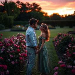 A romantic scene set in a beautiful garden at sunset, with a couple holding hands and looking into each other's eyes