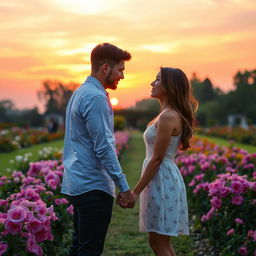 A romantic scene set in a beautiful garden at sunset, with a couple holding hands and looking into each other's eyes