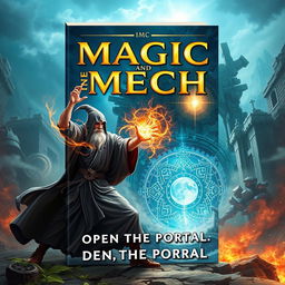 Create a fantasy novel book cover featuring a wizard in a dramatic battle